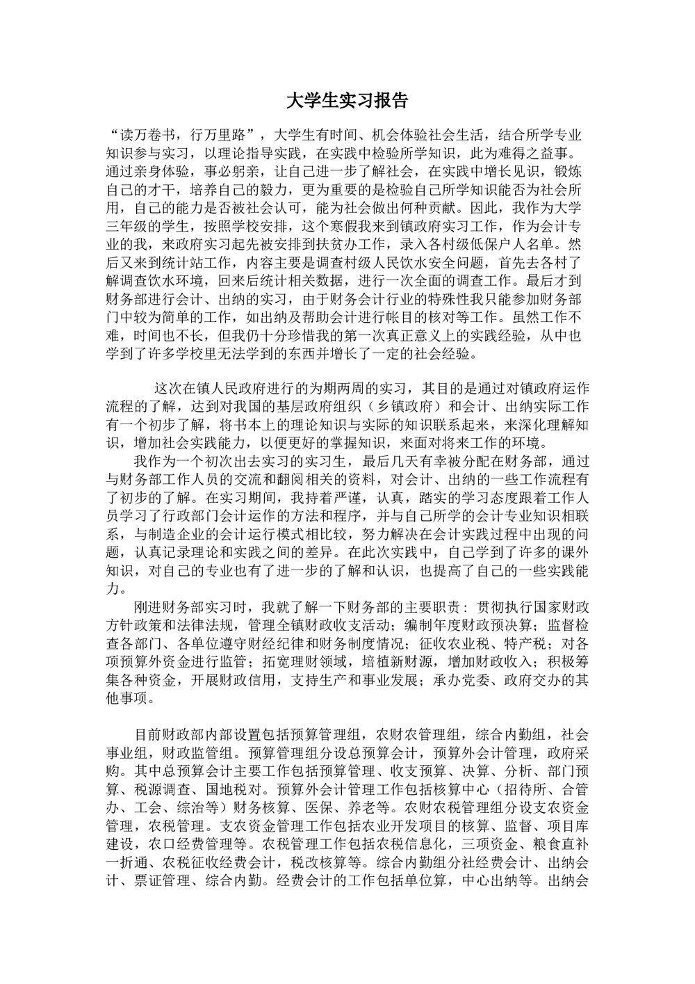 大学生政府会计岗位实习报告范本Word.doc